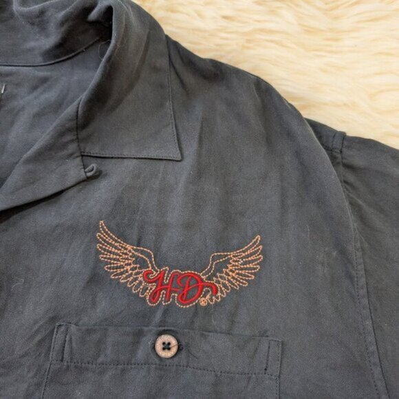 Harley Davidson Short Sleeve 100% Silk Button Down Large Embroidered Graphic L - Picture 8 of 9